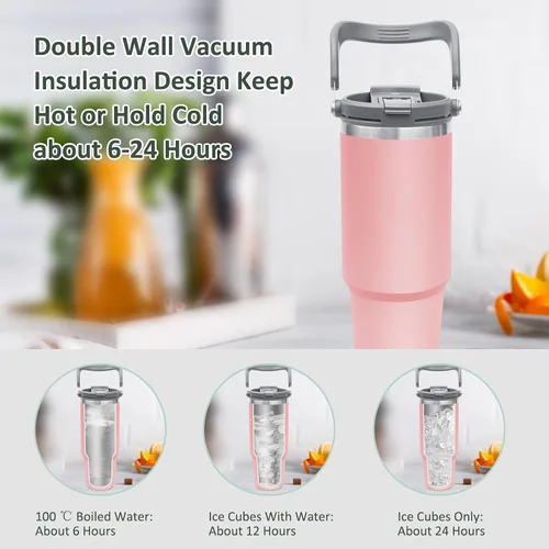 Miniatura 5 de Vaso de 30 onzas con asa, vasos con tapa y pajilla, vasos aislados de acero inoxidable, vaso de doble pared a prueba de fugas, botella de agua