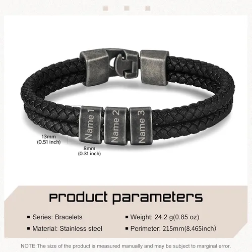 Miniatura 2 de Pulsera personalizada con nombre para hombre, pulsera de cuero personalizada para hombre con 2-5 cuentas vintage grabadas con nombres de familia