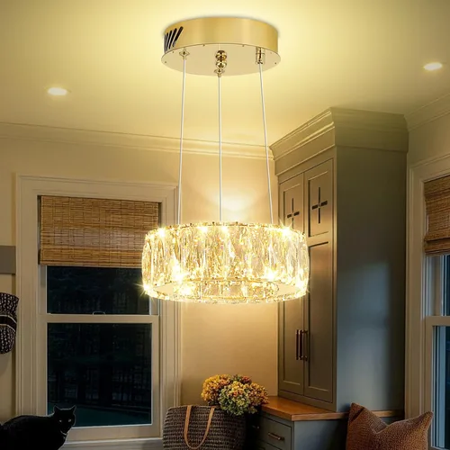Araña de Cristal LED Moderna Regulable de 8" Anillo Dorado Luminarias Colgantes para Isla de Cocina Comedor Sala de Estar