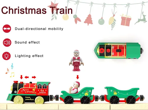 Miniatura 2 de Juego de tren eléctrico para pistas de madera, juguete de trenes a batería con luces y sonidos para niños pequeños, tren motorizado para niños