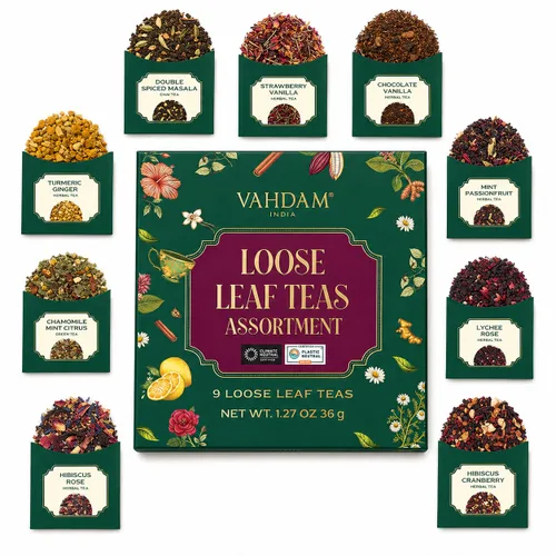 VAHDAM Top 9 Exotic Loose Leaf Tea Sampler (más de 18 tazas) | Mezclas florales y afrutadas con delicioso sabor | Caliente y helado | Perfecto para