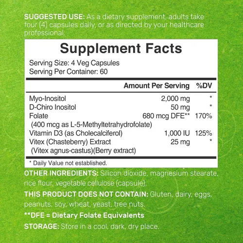 Miniatura 2 de Suplemento de Myo-Inositol y D-Chiro Inositol para Mujeres (40:1) 2,050 mg por Porción 240 Cápsulas Vegetarianas con Folato, Vitamina D3