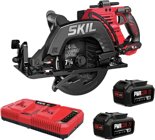 SKIL 2x20V PWR CORE 20 Kit de sierra circular sin escobillas de 7-1/4 pulgadas con mango trasero incluye dos baterías de 5.0Ah y cargador de salto