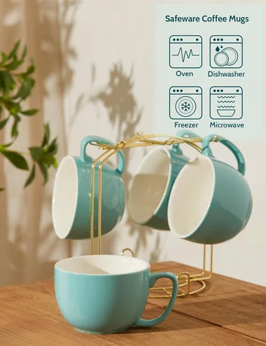 Miniatura 4 de Teocera Juego de 4 tazas de café turquesa de cerámica de 16 onzas, juego de tazas grandes con asa para bebidas frías o calientes como cacao, leche