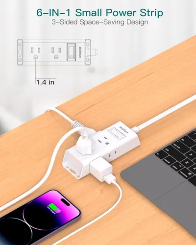 Miniatura 2 de Cable de extensión plano de 10 pies - Addtam Tira de alimentación de enchufe plano con 6 tomas extensor, sin protector de sobretensiones para barco
