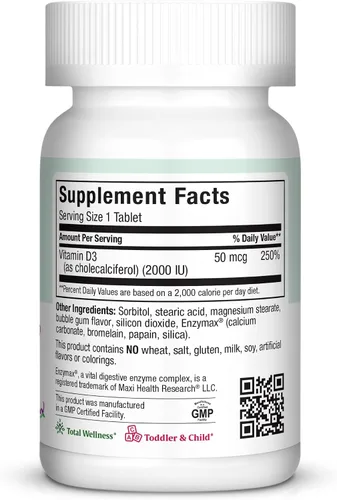 Miniatura 2 de Maxi Health Suplemento masticable de vitamina D3 de 2000 UI – Delicioso sabor natural de goma de mascar – Apoya la absorción de calcio, la salud
