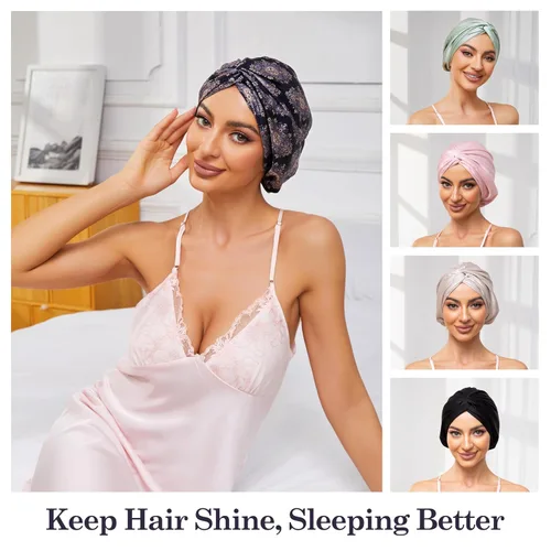 Miniatura 6 de Gorro de satén de seda ajustable para envolver el cabello para dormir, gorro de dormir de doble capa, turbante nocturno para cabello largo y rizado