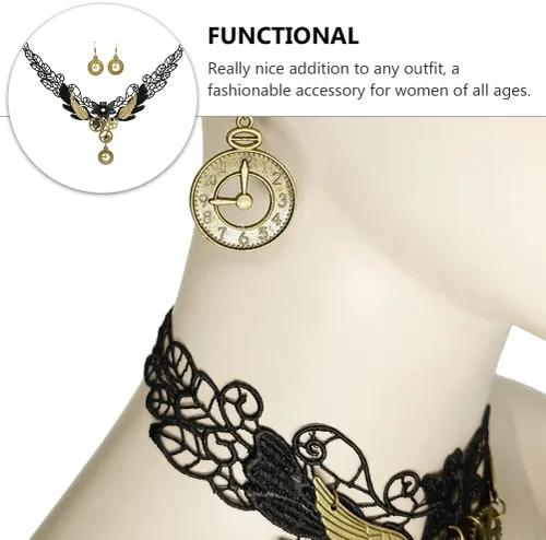 Miniatura 3 de Generic Gargantilla de encaje gótico, aretes vintage, collar steampunk, gargantilla de engranaje, accesorios de disfraz para mujeres y niñas, 3