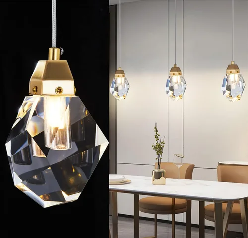 Miniatura 12 de Lámpara colgante de cristal de diamante de 1 luz, lámpara colgante mini para techo en acabado de latón cepillado dorado, lámpara colgante LED