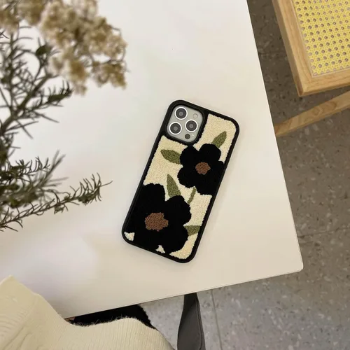 Miniatura 3 de Bonita funda para teléfono compatible con iPhone 14 Pro, diseño femenino retro de flores negras con diseño floral, delgada, suave y esponjosa, Black