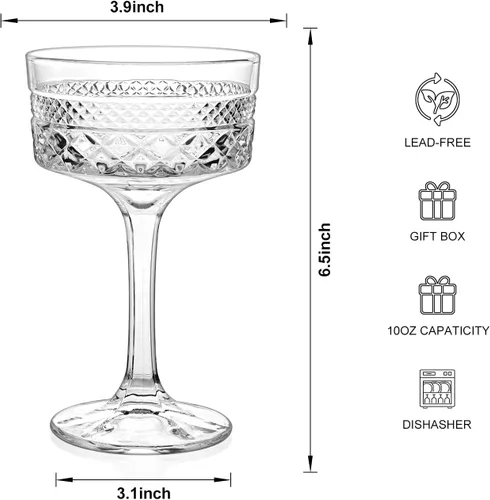 Miniatura 2 de Juego de 6 vasos de copa acanalados de 10 onzas, juego de vasos de cóctel vintage de 10 onzas, copa de Martini única, galssware clásico, juego