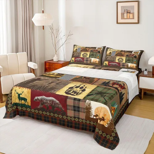 Miniatura 23 de Rustic Lodge - Juego de sábanas tamaño individual con diseño de oso y alce, diseño de retazos, color rojo y negro, a cuadros, ropa de cama de Multi