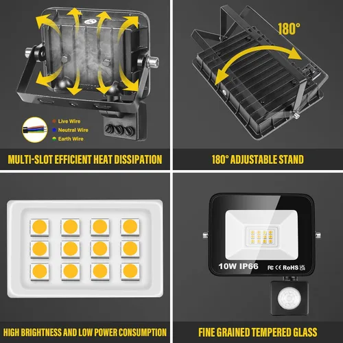 Miniatura 3 de Willpower Reflector LED con sensor de movimiento, luces de seguridad para exteriores de 10 W, 1000 lúmenes, lámpara exterior de 4000 K, luz blanca