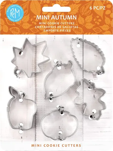 R&M International Mini cortadores de galletas de hojas de otoño, bellota, calabaza, roble, arce, álamo, manzana, juego de 6 piezas en lata de regalo