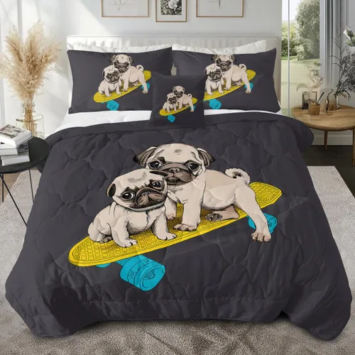 Sleepwish - Juego de edredón de carlino, juegos de ropa de cama de perro de 4 piezas para cama individual, edredón gris reversible para chicos,