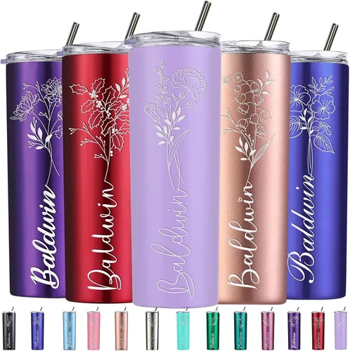 Miniatura 8 de Regalos personalizados para mujer, vaso personalizado grabado con flor de nacimiento de 20 onzas, vaso delgado con nombre personalizado con tapas