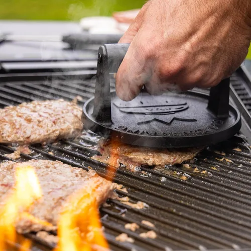 Miniatura 7 de SMASHER KING™ - Prensa de hamburguesa premium de hierro fundido con 25 piezas de papel para hamburguesas, prensa de hamburguesas para plancha