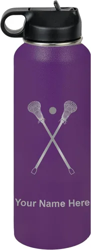Miniatura 51 de LaserGram Botella de agua personalizada, palitos de lacrosse, acero inoxidable de doble pared aislada al vacío con popote superior, regalo grabado