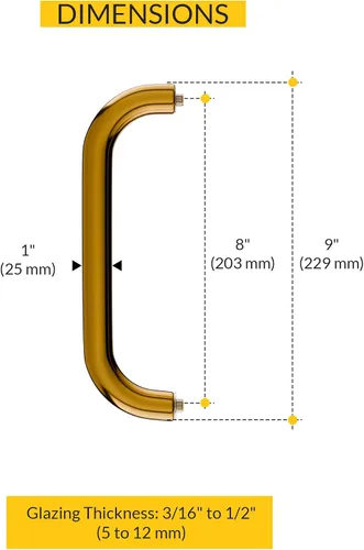 Miniatura 2 de BRIXWELL Manija tubular estándar para puerta de ducha para montaje posterior, acabado de oro de 24 quilates, construcción de latón macizo, 8