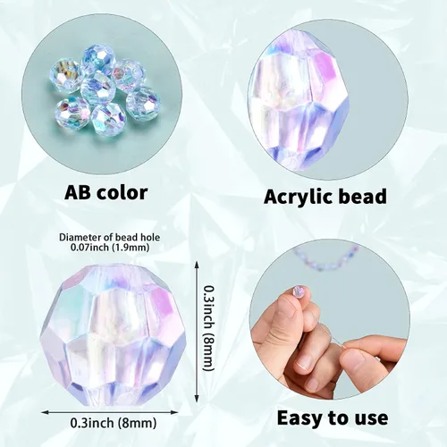 Miniatura 2 de OIIKI 200 cuentas acrílicas de cristal de color AB Rondelle AB, cuentas sueltas transparentes de 0.3 pulgadas, cuentas acrílicas facetadas