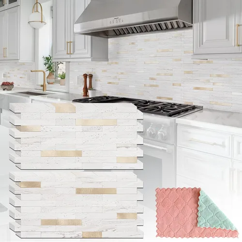 Miniatura 31 de StyloVue 20 hojas para despegar y pegar para cocina, mármol blanco con aspecto de metal plateado que se pega en azulejos para mejorar tu cocina