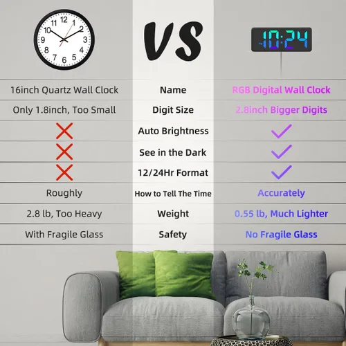 Miniatura 4 de Reloj de pared digital LED con pantalla RGB dinámica, dígitos grandes, brillo automático, formato de 12/24 horas, moderno reloj de pared eléctrico