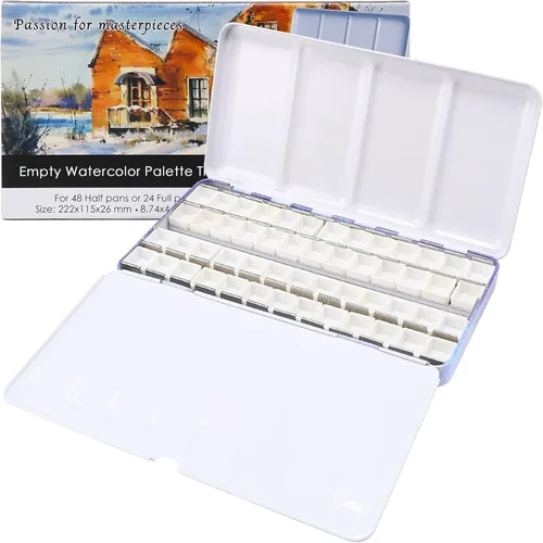 MYARTOOL Paleta de acuarela vacía, estuche de pintura de paleta de acuarela de lata vacía púrpura con 48 piezas de sartenes vacías para paleta de