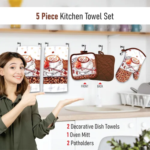 Miniatura 7 de Juego de toallas de cocina Café Latte de 5 piezas – Guante acolchado para horno y 2 agarraderas, perfecto para los amantes del café