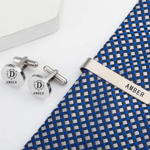 Miniatura 3 de ROSI - Juego de gemelos personalizados de acero inoxidable con inicial y clip de corbata para hombres, bodas, negocios, grabado, gemelos, regalos