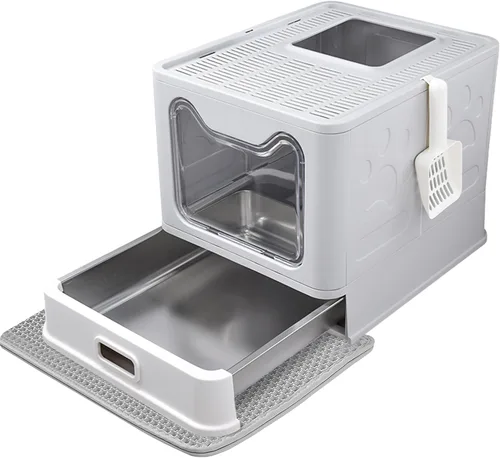 Caja de arena cerrada para gatos con tapa cubierta de salida superior, caja de arena de acero inoxidable de metal a prueba de fugas e inodora, fácil
