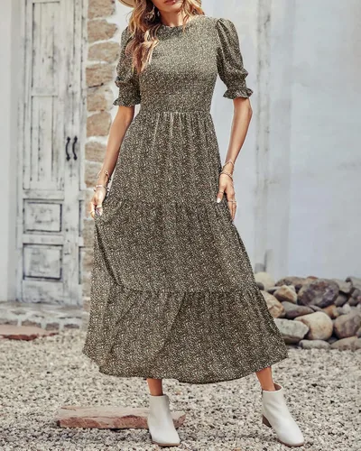 Miniatura 110 de BTFBM Vestidos para mujer, cuello redondo, casual, de verano, con volantes, manga corta, bohemio, con niveles, fruncido, largo, con estampado floral