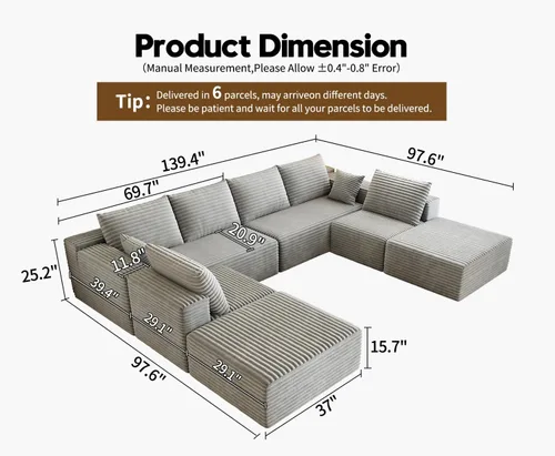 Miniatura 2 de Sofá seccional modular de 139.4 pulgadas, sofás minimalistas en forma de U de gran tamaño con 2 otomanas chaise y 2 asientos centrales, juego Gris