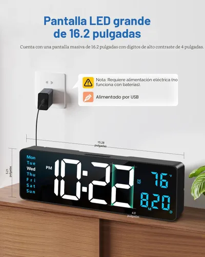 Miniatura 2 de Reloj de pared digital, reloj digital de pantalla grande de 40 cm con luz nocturna, reloj de pared con DST, alarma, LED, fecha, semana, temperatura