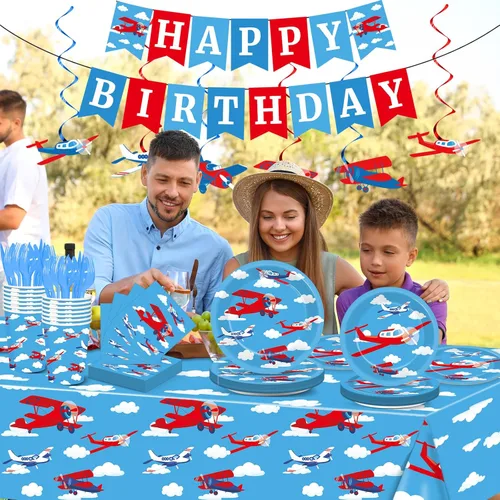 Miniatura 6 de Juego de 184 suministros para fiesta de cumpleaños de avión, incluye platos de avión, servilletas, mantel, banderín, kit de vajilla, desecha