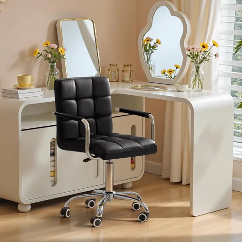 Miniatura 2 de Furmax silla de oficina con respaldo medio de piel sintética, silla ejecutiva moderna, ajustable, silla de escritorio para el hogar, silla de Negro