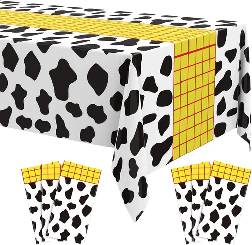 Hosuly 6 Pcs Story Tablecloth Story Birthday Party Decorations Cow Printed Table Cover Boy Baby Shower Decorations Cartoon Inspired Party Supplies