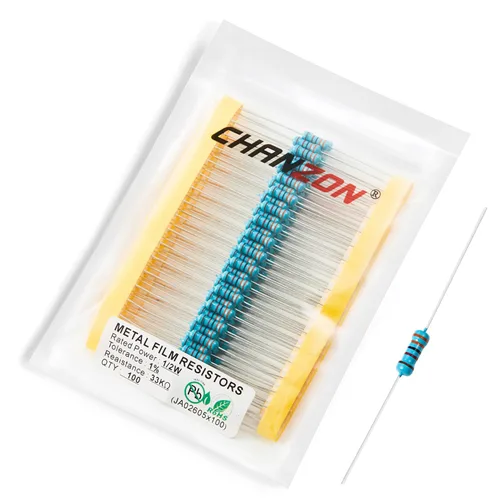 Miniatura 75 de Chanzon - 100 resistencias de película metálica 1/2 W (0.5 W) 10 Ω ohmios ±1% de tolerancia 10R MF, resistencias de agujero pasante con limitación
