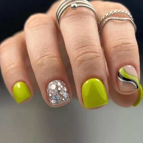Miniatura 18 de Uñas postizas a presión de longitud corta, 24 piezas de cobertura completa, reutilizables, brillantes, uñas postizas con pegamento, uñas postizas