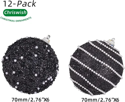 Miniatura 2 de Adornos de Bolas de Navidad Negras, Decoraciones de Bolas de Navidad de Plástico Irrompible Colgantes con Perlas para Fiestas Navideñas