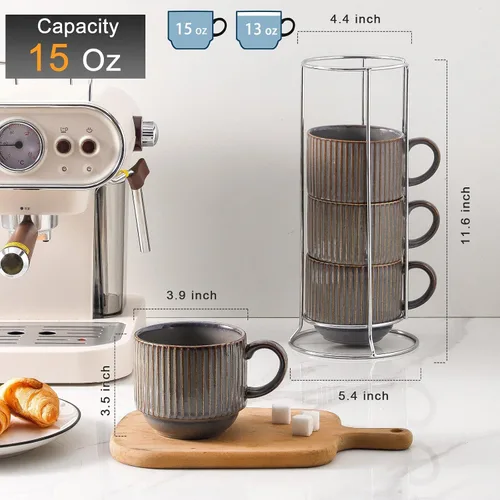 Miniatura 3 de HASENSE Porcealin - Juego de 4 tazas de café apilables con soporte, juego de 4 tazas de café grandes de cerámica acanaladas de 15 onzas para Marrón