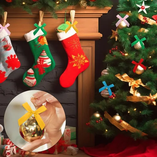 Miniatura 5 de Paquete de 50 lazos giratorios para bolsas de golosinas, lazos pequeños para manualidades, lazos multicolor de Navidad para envolver regalos, mini