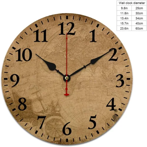 Miniatura 42 de Reloj de pared de madera con mapa del mundo antiguo, estilo nostálgico, Atlas histórico, diseño vintage, impresión de madera, reloj de pared