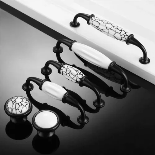 Miniatura 4 de 6 pomos de cerámica para puerta, manija de cajón de armario Shabby Chic, manija de armario blanco + negro, distancia del agujero A: 5.039 in