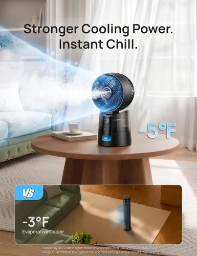 Miniatura 3 de DREO TurboCool Ventilador de nebulización 516, oscilación omnidireccional de 150°+30°, ventilador de enfriamiento de escritorio de caída de 5 ℉