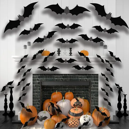 Miniatura 3 de 80 piezas de decoración de pared de murciélagos de Halloween, calcomanías de murciélago 3D de PVC, negro, estilo gótico, impermeable, uso
