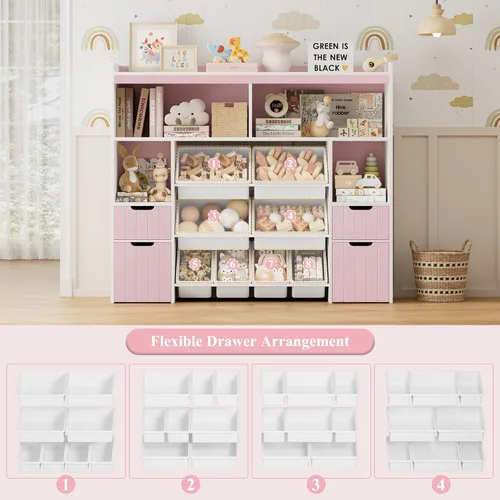 Miniatura 7 de HORSTORS Organizador de almacenamiento de juguetes de 55 pulgadas de ancho con cajones, caja grande de almacenamiento de juguetes para niños con Rosa