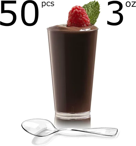 Miniatura 3 de zappy 50 vasos desechables de plástico para pared recta, vasos de postre transparentes y cucharas de degustación, vasos para postres y aperitivos