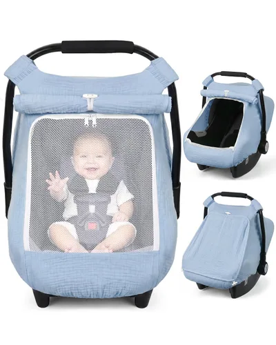 Miniatura 14 de Rquite Funda de asiento de automóvil para bebé, fundas de asiento de automóvil para niña y niño, algodón muselina transpirable, ventana de malla Rosa