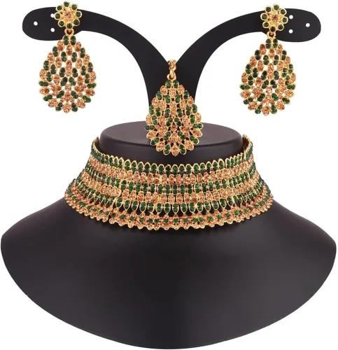 Miniatura 4 de Efulgenz Crystal Neckalce Set Rhinestone Brown Wedding Bridal Choker Austrian Necklace Earrings with Maang Tikka Head Chain Indian Bollywood Jewelry