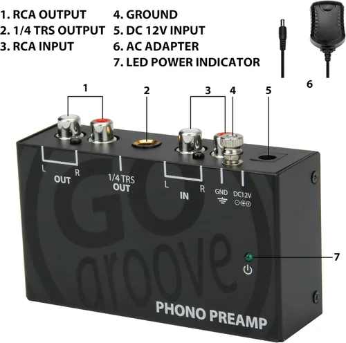 Miniatura 8 de GOgroove Preamplificador de preamplificador de mini tocadiscos con adaptador de CC de 12 voltios, entrada RCA para reproductor de discos de vinilo